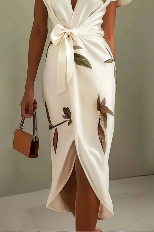 White Leaf Short Sleeve Satin Wrap Sheath Midi Dress