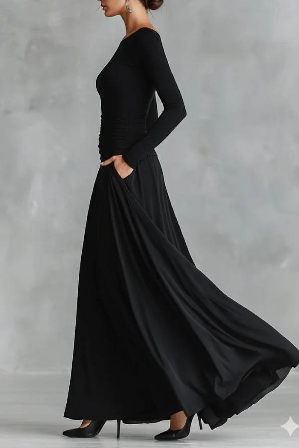Black modern crepe pleated boat neck long dress