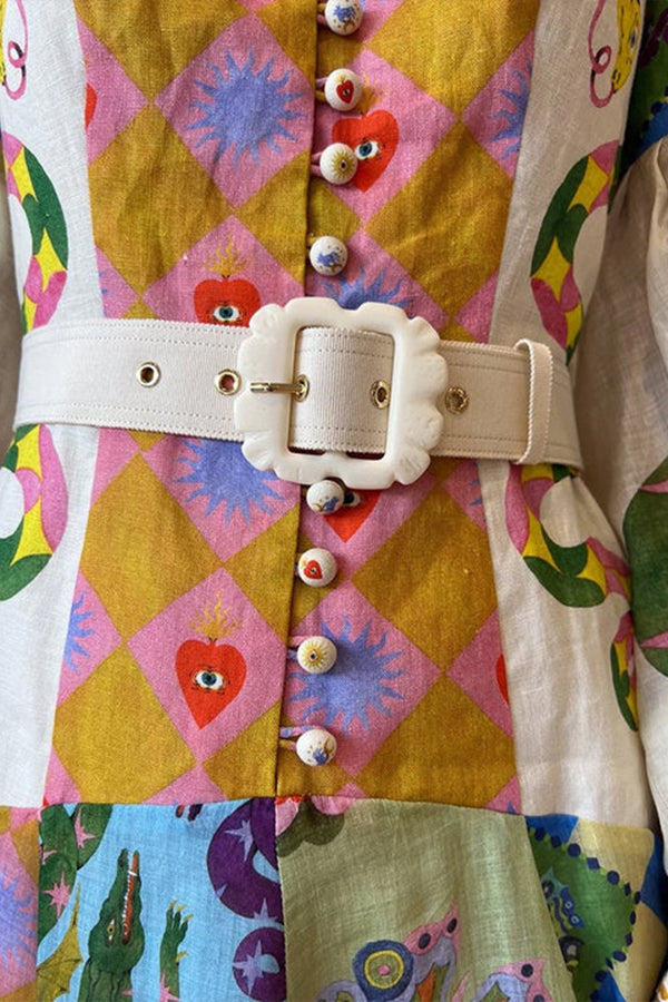 Bold and Chic Irregular Unique Print Balloon Sleeve Belt Shirt Midi Dress