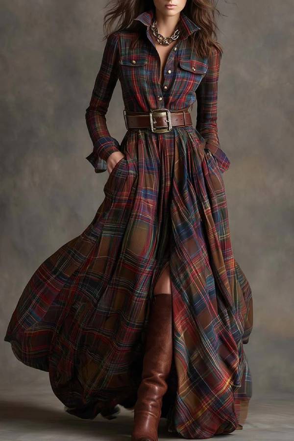 Checked Shirt Dress with Waist Tie