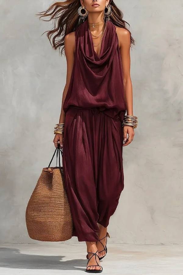 Cowl Neck Halter Sleeveless Draped Wide-Leg Two-piece Pants Set