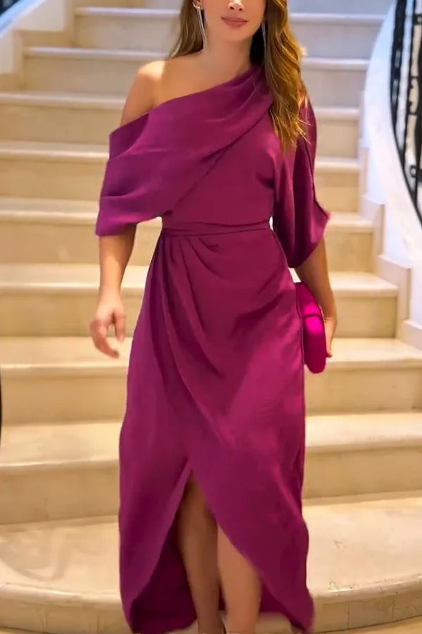 Whispered Yes Satin Irregular Lapel Neckline Design Ruched Maxi Dress