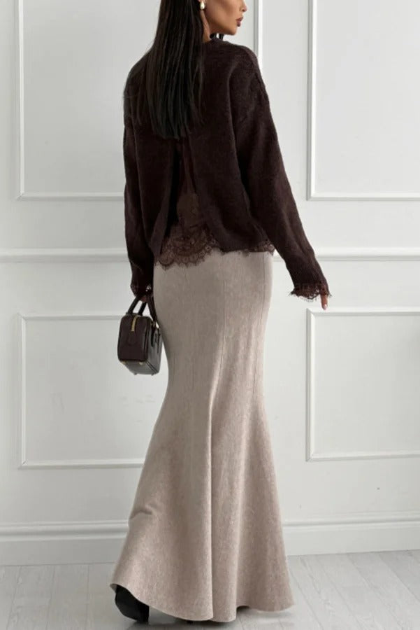 Caitlin Knit Lace Trim Patchwork Long Sleeve Back Slit Relaxed Sweater