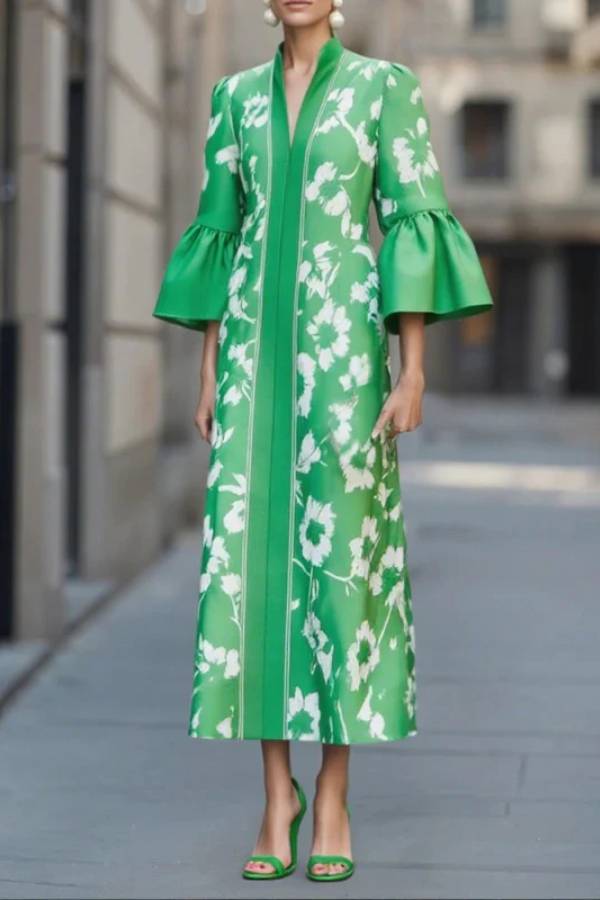 Bell Sleeve Loose Floral Print Side Slit Maxi Dress