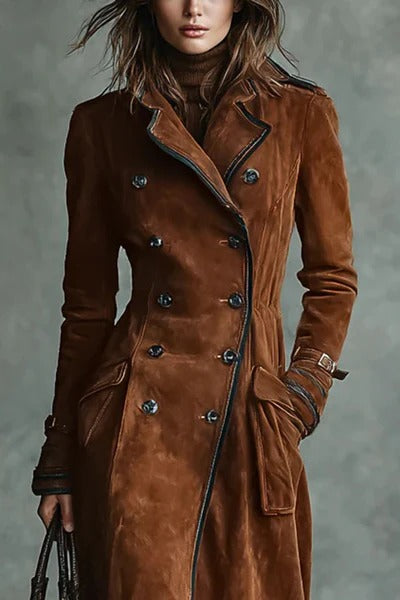 Stylish Suede Lapel Button Casual Pocket Long Trench Coat