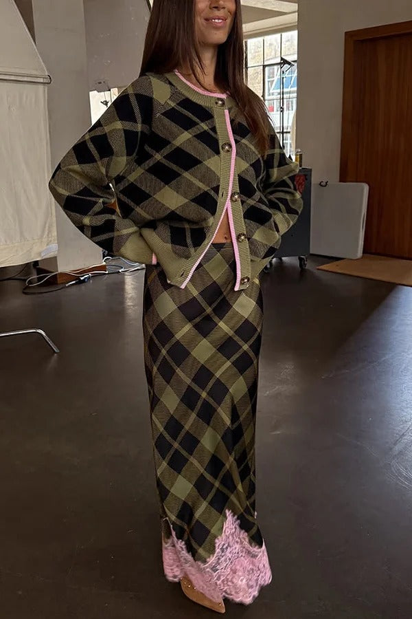 Holiday plaid Satin Unique Print Patchwork Lace Stretch Waist Draped Maxi Skirt