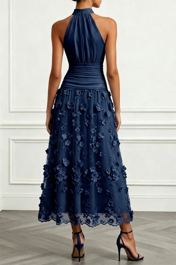 Purplish Blue 3D Floral Appliqué Lace Halter Neck Sleeveless A-Line Maxi Dress