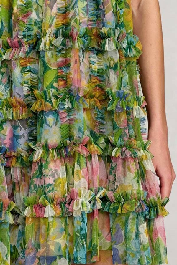 Lorei Mesh Floral Print High Neck Sleeveless Ruffle Trim A-line Mini Dress