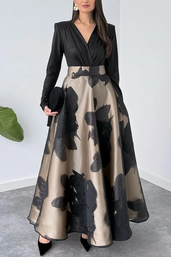 Chic Celebration Tulle Floral Pattern Jacquard High Rise Flared Maxi Skirt