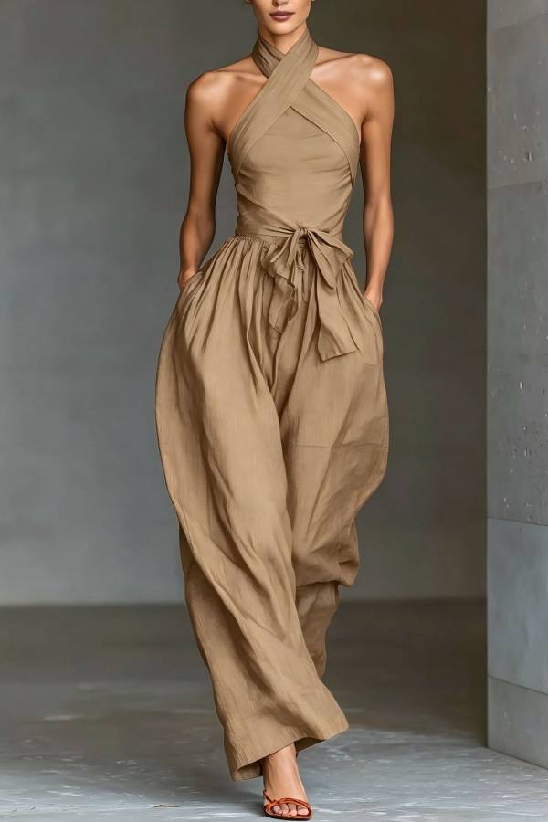 Halter Cross-Tie Waisted Wide-Leg Jumpsuit