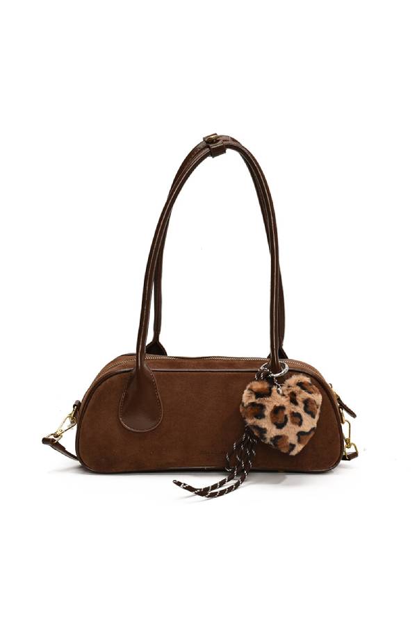 Retro PU frosted shoulder baguette bag (with leopard print charm)