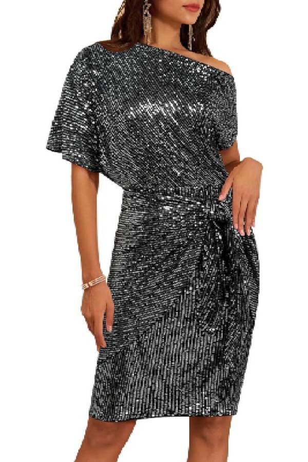 One-shoulder sequined twisted fitted party dress