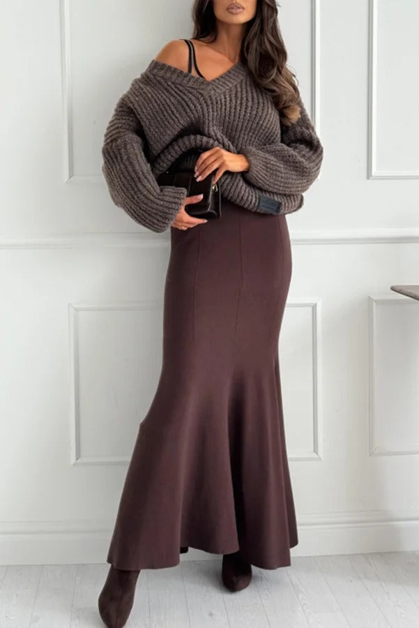 Caitlin Knit Stretch Fabric High Waist Fishtail Casual Maxi Skirt