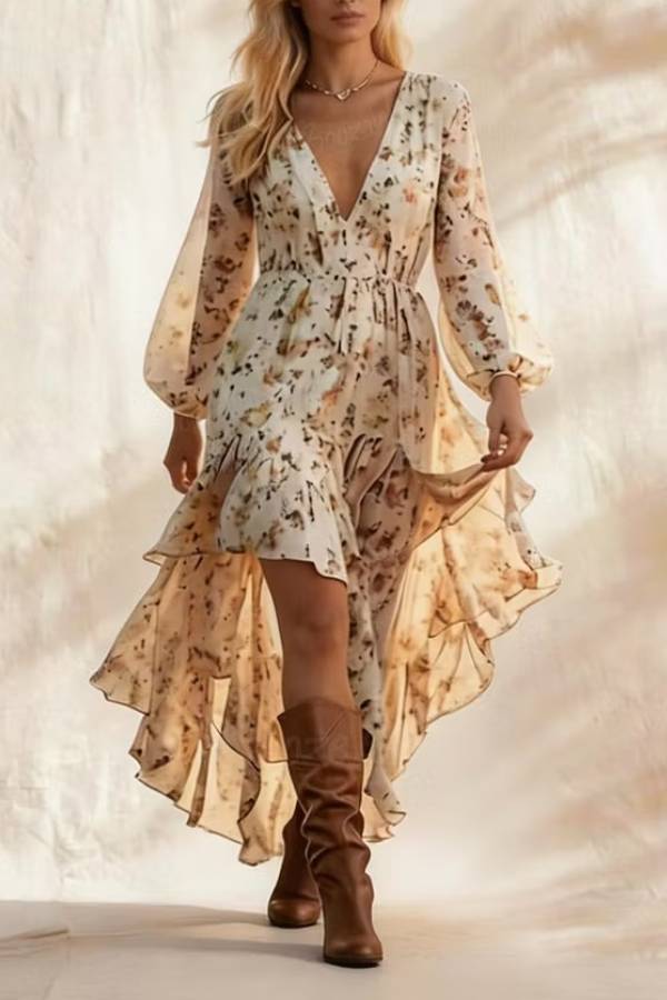 Bohemian V-Neck Irregular Hem Printed Long-Sleeved Dress