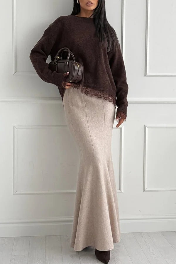 Caitlin Knit Lace Trim Patchwork Long Sleeve Back Slit Relaxed Sweater