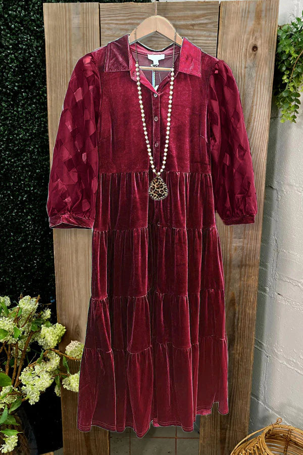 Checkered Puff Sleeve Paneled Velvet Pleated Ruffle Dress