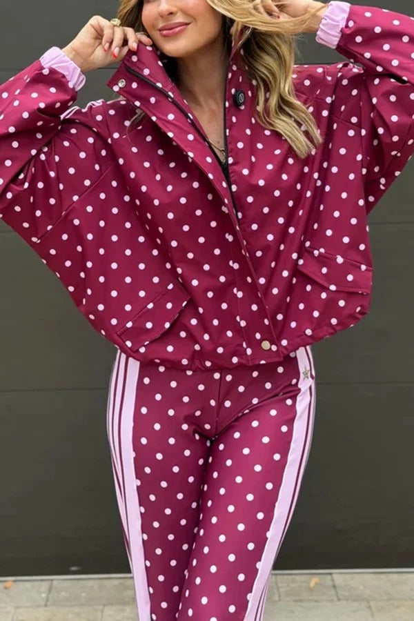 Lucienne Polka Dot Striped Star Print Zipper High Neck Pocket Sporty Jacket