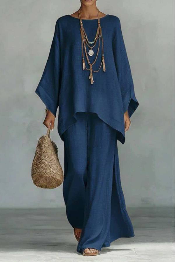 Crew Neck Irregular Hem Loose Top + Flowy Wide-Leg Pants Set