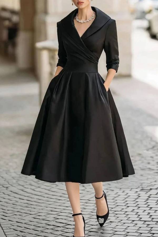 Elegant V-neck Long-sleeved Midi Dress