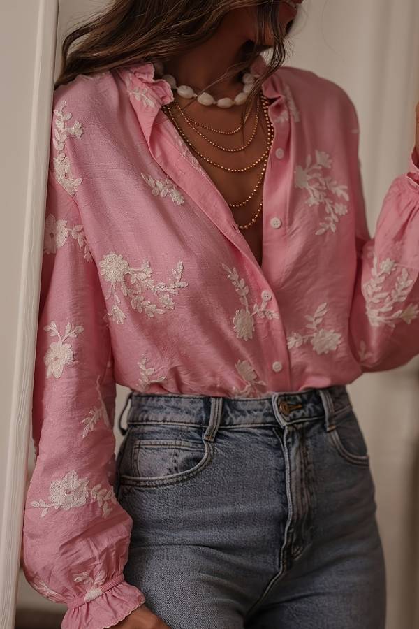 French retro embroidered floral shirt