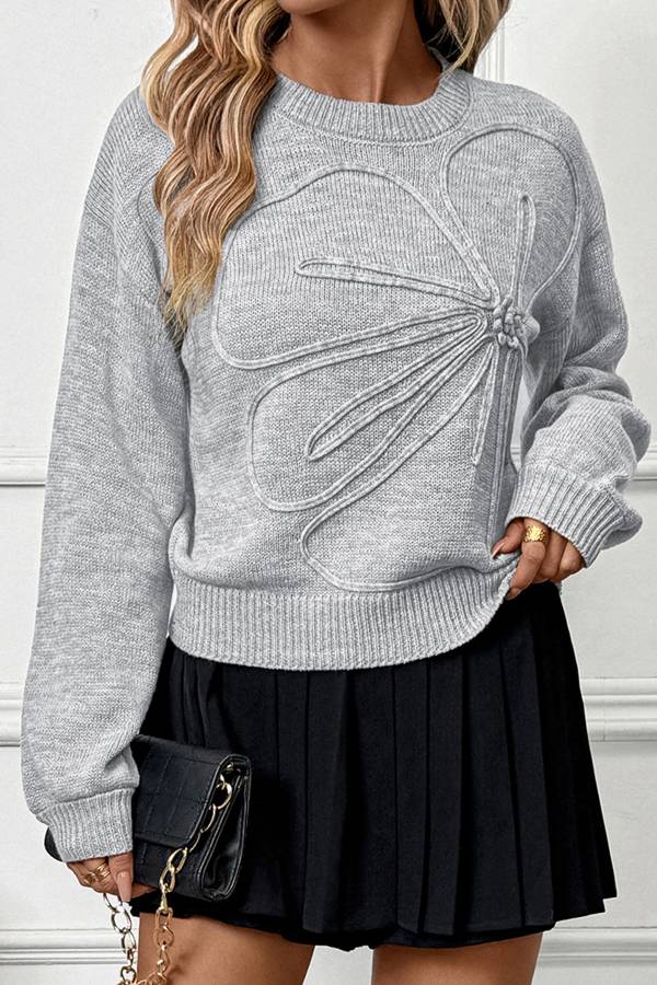 3D Flower Crew Neck Loose Knit Sweater