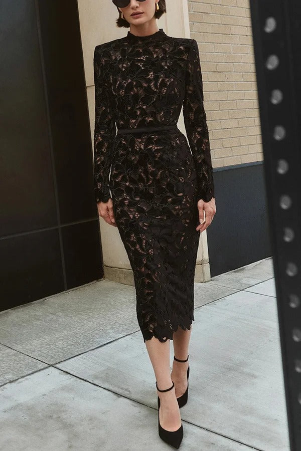 Diane Velvet Embroidered Floral Lace Long Sleeve Belt Scallop Edge Midi Dress