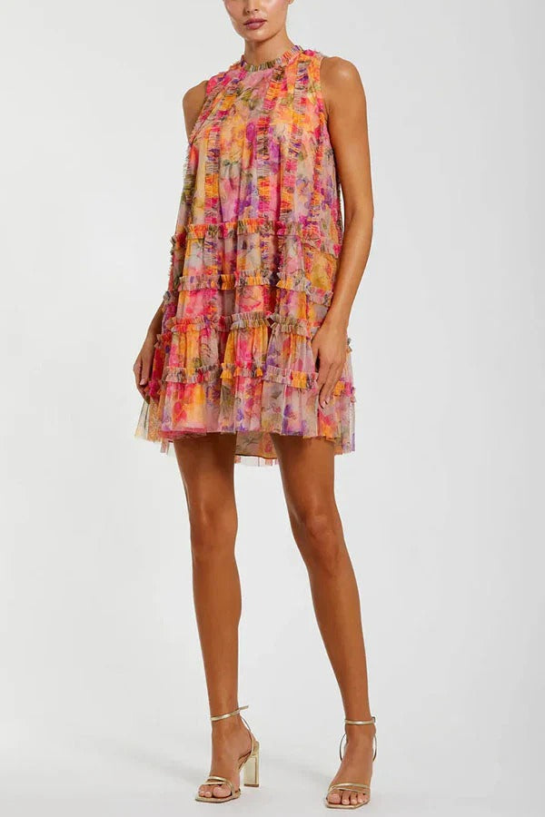 Lorei Mesh Floral Print High Neck Sleeveless Ruffle Trim A-line Mini Dress