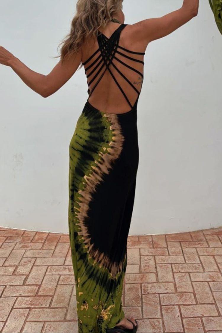 Summer Adventures Tie-dye Print Back Lace-up Stretch Maxi Dress（With built-in bra）