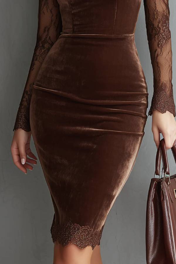 Brown Vintage Keyhole Neckline Lace Sleeve Velvet Mini Dress