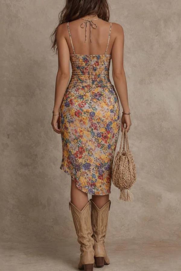 Vintage Oil Painting Floral Ruched Slip Dress