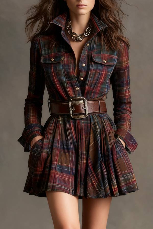 Vintage Lapel Red and Brown Plaid Mini Dress