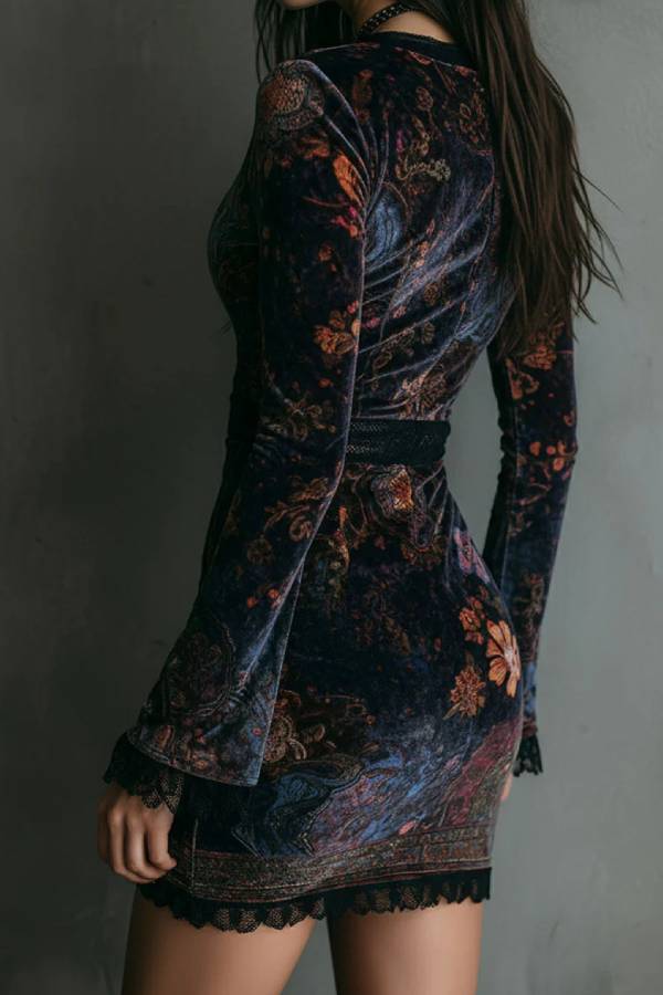 Vintage velvet lace deep V long-sleeved dress