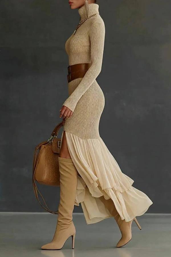Elegant Asymmetrical Ruffled Knit Midi Dress
