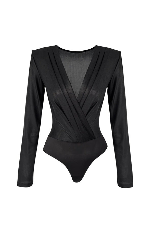 Chic Celebration Glossy Fabric Pleated V-neck Long Sleeve Stretch Bodysuit