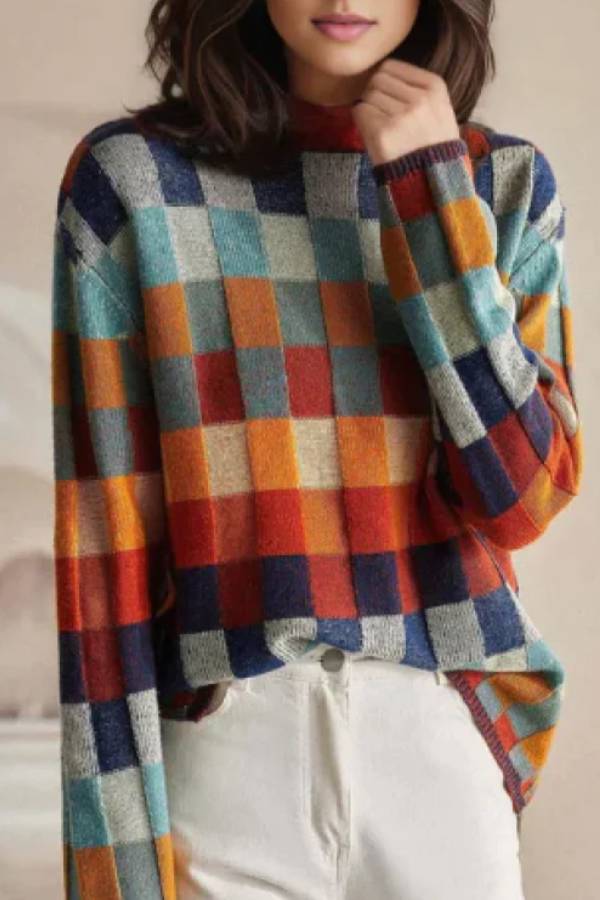Casual Rainbow Plaid Sweater