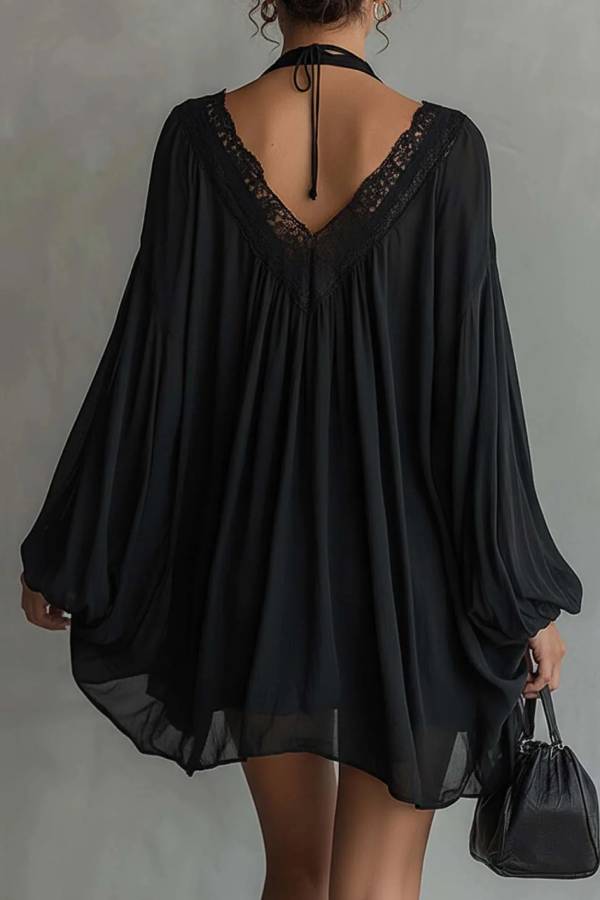 Black Chiffon Halter Mini Dress With Lace Neckline