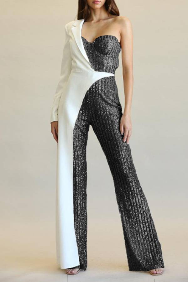 One-shoulder suit with sequined wide-leg jumpsuit