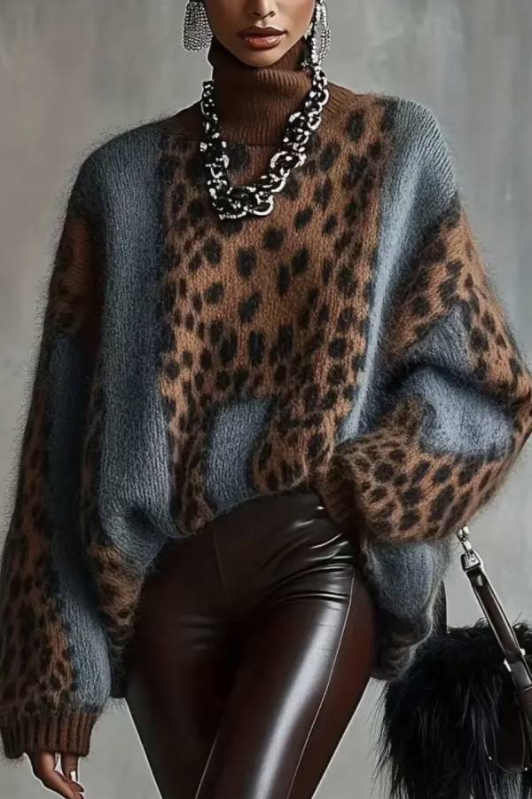 Color-Blocked Leopard Print Turtleneck Loose Sweater