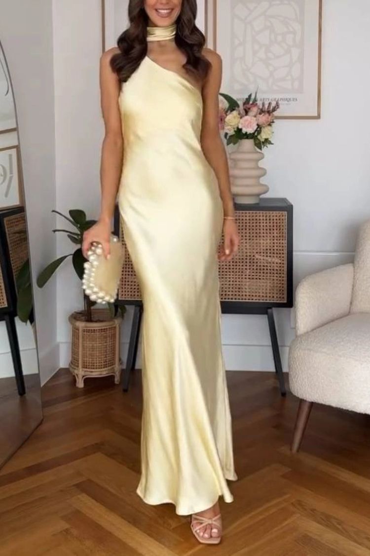 Flowing Elegance Satin One Shoulder Scarf Maxi Dress