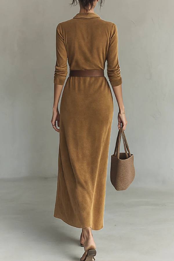 Suede Single-breasted Lapel Maxi Dress