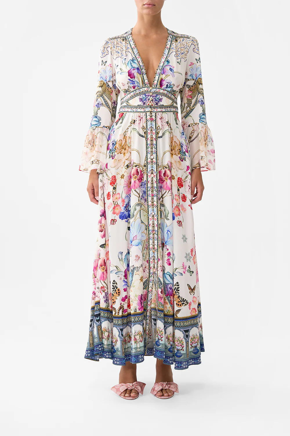 Art Print V-Neck Waisted Palace Style Maxi Dress