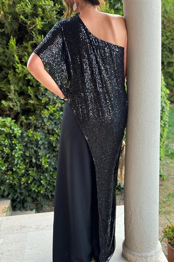 Party Favors Sequin One Shoulder Ruffle Detail Wide Leg Evening Jumpsuit