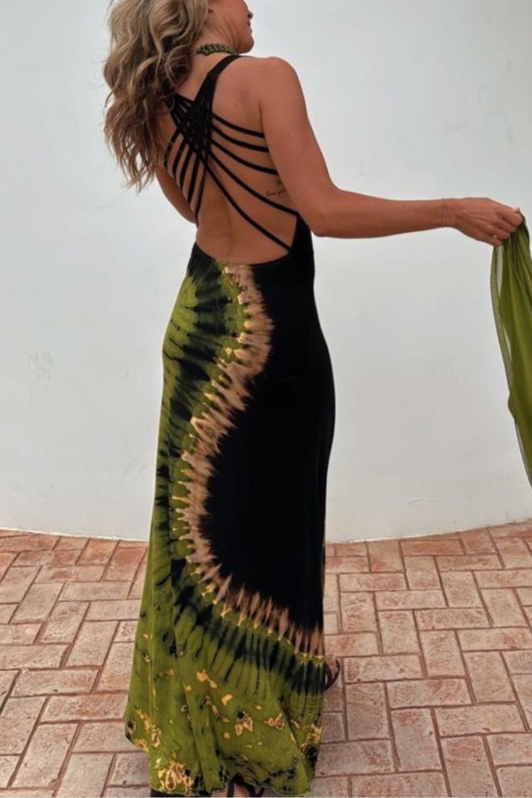 Summer Adventures Tie-dye Print Back Lace-up Stretch Maxi Dress（With built-in bra）