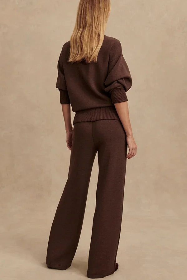 Meet The Autumn Ribbed Zipper Neck Sweatshirt and Elastic Waist Pocketed Loose Pants Set