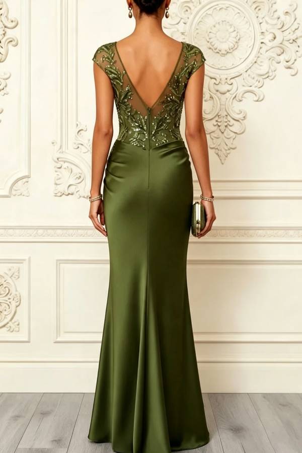 Nasha Floral Sequin Satin Boat Neck Short Sleeve Ruched Mermaid Gown Maxi Dress