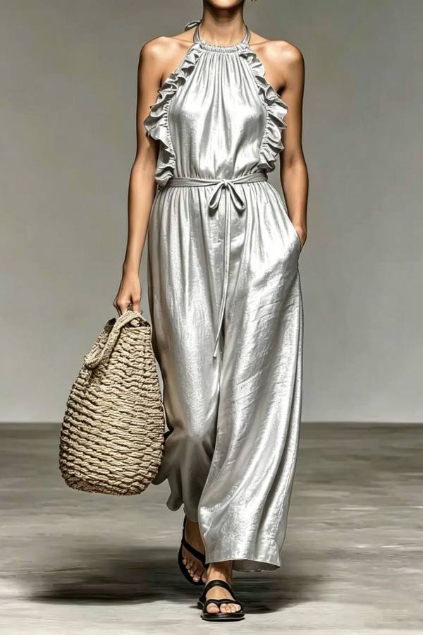 Halter Ruffle Trim Tie Waist Linen Wide Leg Jumpsuit