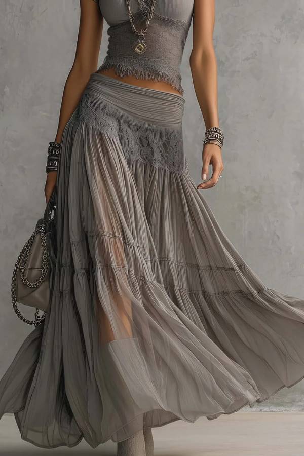 Lace-Trim Knit Top & Pleated Chiffon Maxi Skirt Set