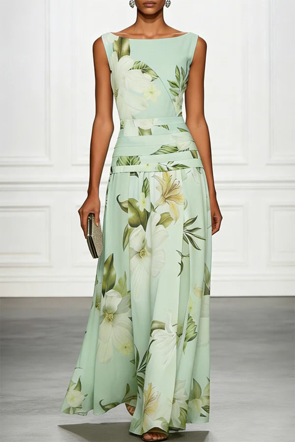Classic Floral Print Boat Neck Ruched Waist Sleeveless A-Line Maxi Dress