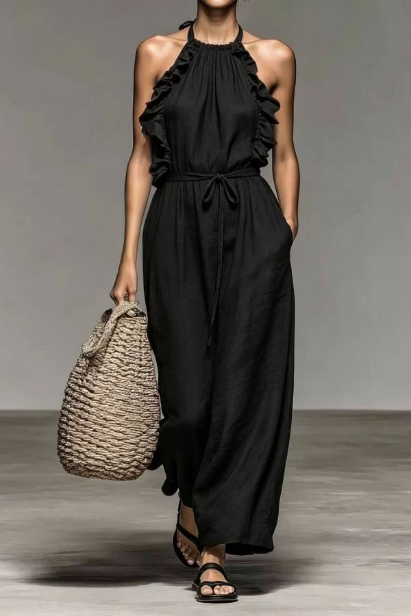 Halter Ruffle Trim Tie Waist Linen Wide Leg Jumpsuit