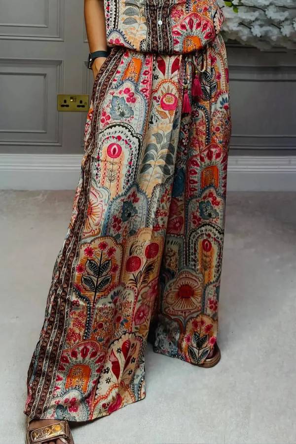 Boho Print Tassel Detail Casual Elastic Waist Pocket Wide-Leg Pants